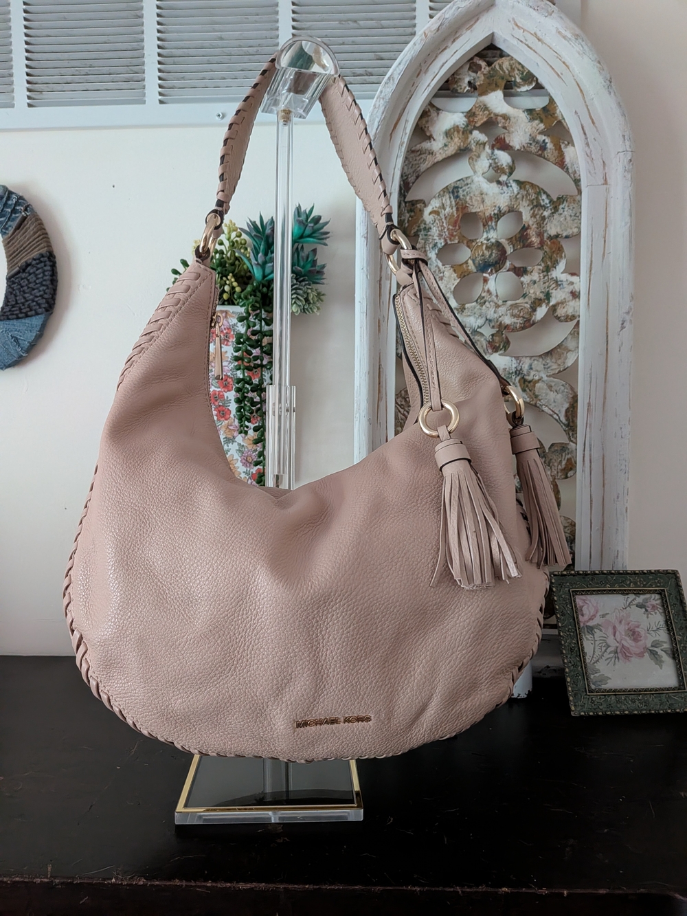 Michael Kors Blush Leather Hobo Bag with Tassel